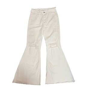 Cello Jeans Size 13 White Denim Wide Flared Leg Distressed‎ Raw Hem High Rise